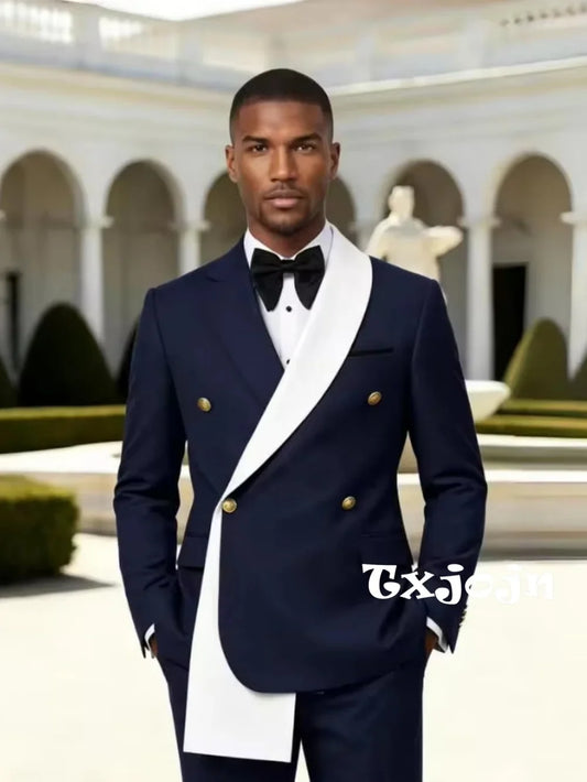 Chic Men's Handsome Suit Set 2 Pieces Host Costumes Double Breasted Man Slim Fit Tuxedo Wedding Party Wear Plus Size Suits