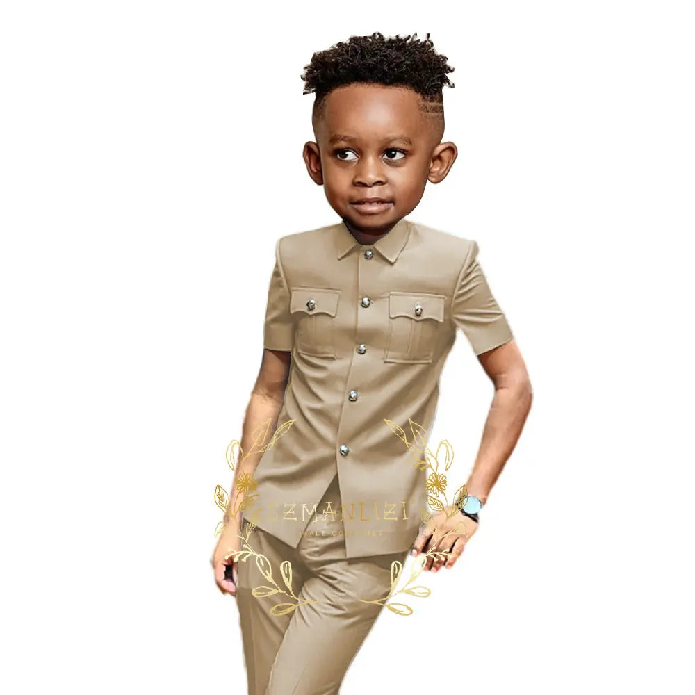 Boys Suit Black 2 Pieces Short Sleeve Party Tuxedo Formal Wedding Kids Clothes Indian Style Blazer Pants 2-16 Years Old