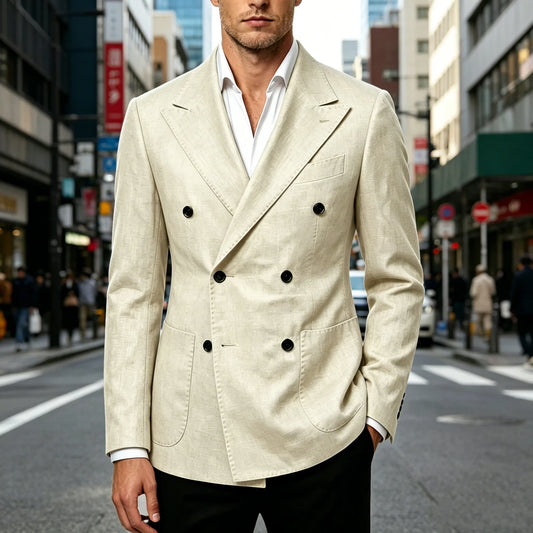 Men's Linen Double Breasted Blazer Slim Fit Casual Business Suit Jacket Formal Wedding Groom Tuxedo Coat For Spring Summer
