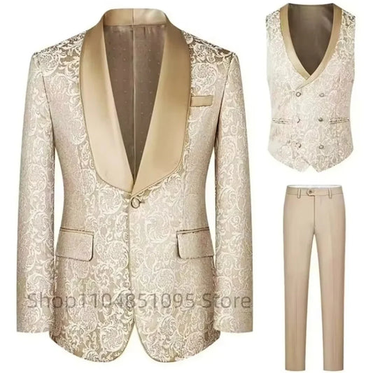 Champagne Jacquard 3-Piece Men's Formal Smoking Suit with Xale Lapel Blazer Set for Groom Wedding Best Man Elegant Fitted Tuxedo