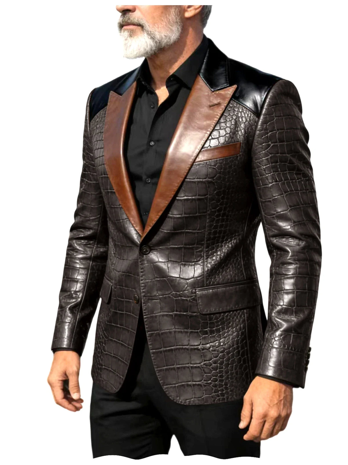 Men's Crocodile Embossed Leather Blazer Luxury Patchwork PU Leather Suit Jacket Slim Fit Peaked Lapel Casual Business Outerwear