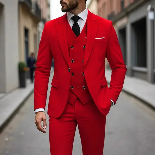 Solid Business Mens Suits Wedding Tuxedos Fashion Groom Outfit Slim Fit Peaked Lapel Prom Party Mens Suits(Jacket+Vest+Pants)