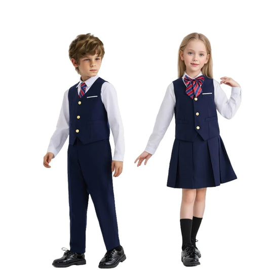 Boys Girls 4Pieces Suit Set Kids School Uniform With Vest Pants Shirts Tie Twins Birthday Piano Performance Costume