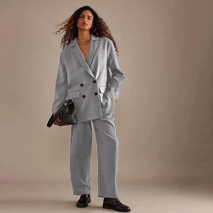 Leisure Brown Double Breasted Women Pants Set High-end Female Two Pieces(Jacket+Trousers)أطقم بناطيل