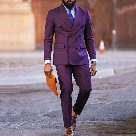 Men Suit Dark Purple 2 Piece Double Button With Lapel Solid For Wedding Birthday Banquet Party Business Work Office Jacket Pants