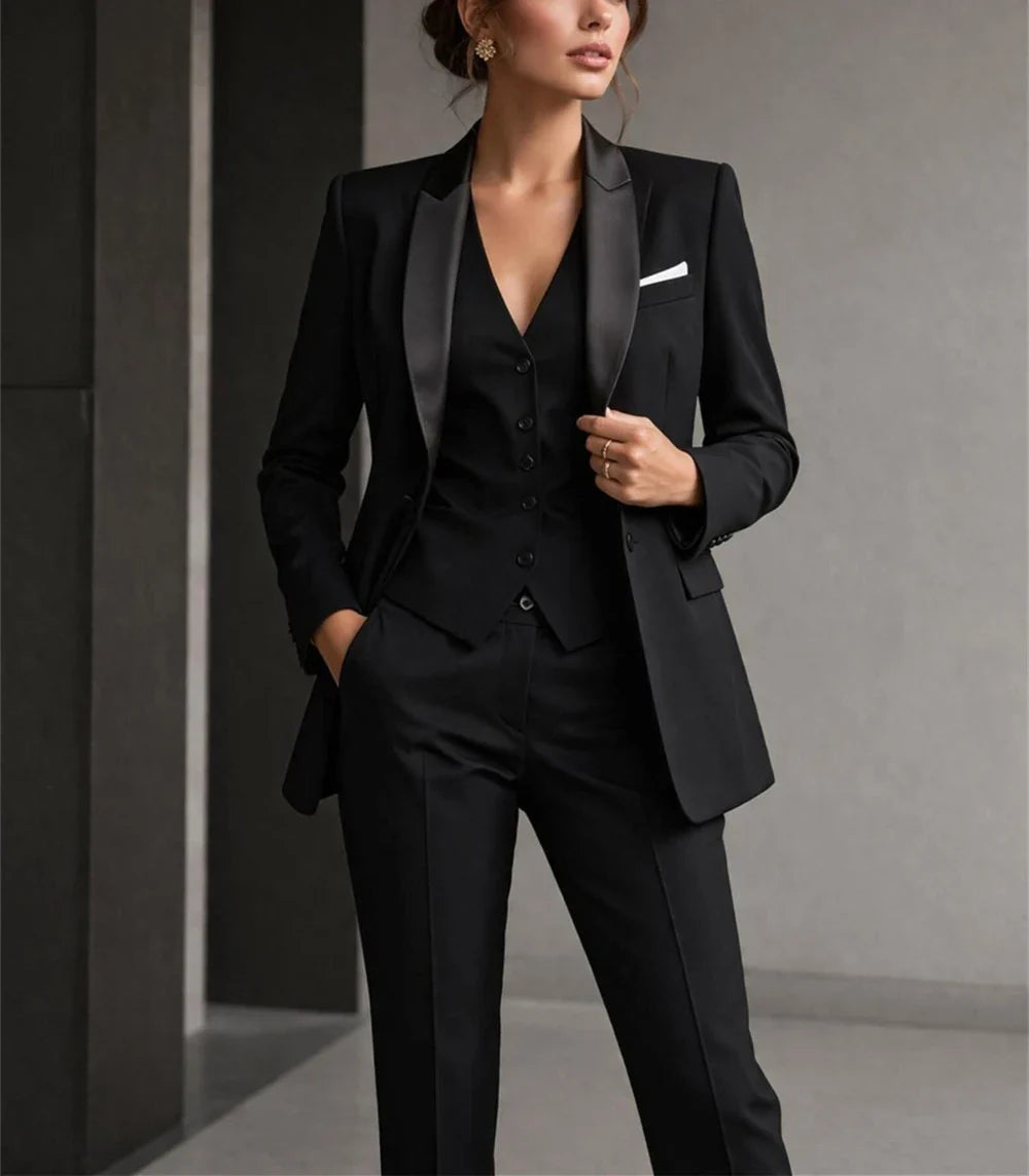 Luxury Women's Black 3-Piece Suit Elegant Suit with Satin Collar Wedding Guest Formal Suit Business Wear (Jacket+Vest+Pants)