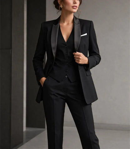 Luxury Women's Black 3-Piece Suit Elegant Suit with Satin Collar Wedding Guest Formal Suit Business Wear (Jacket+Vest+Pants)