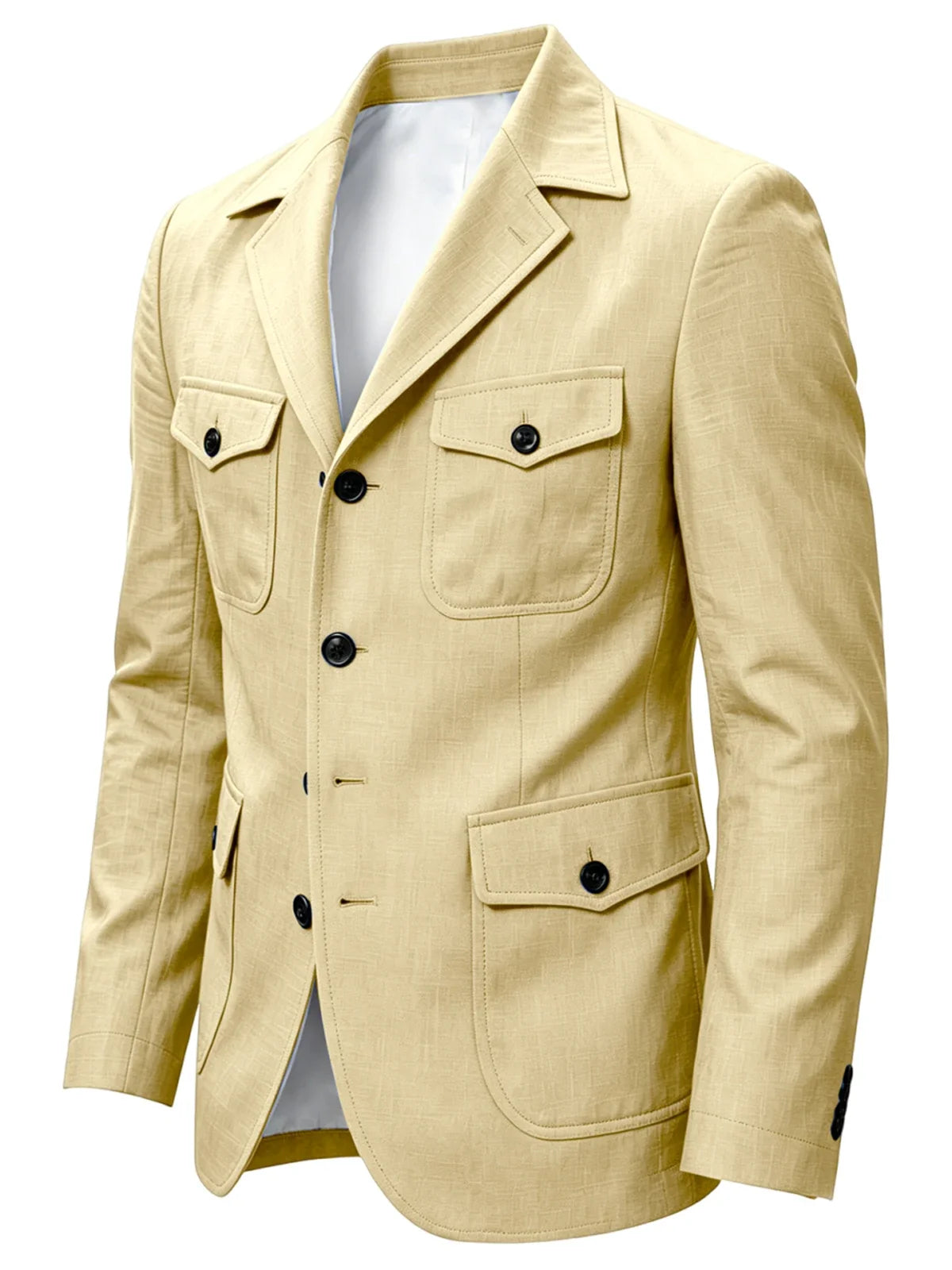 Men's Linen Safari Blazer Four Flap Pockets Slim Soft Jacket Casual Business Coat For Street Outdoor Vacation Party Daily Travel