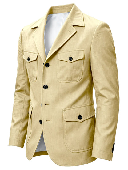 Men's Linen Safari Blazer Four Flap Pockets Slim Soft Jacket Casual Business Coat For Street Outdoor Vacation Party Daily Travel