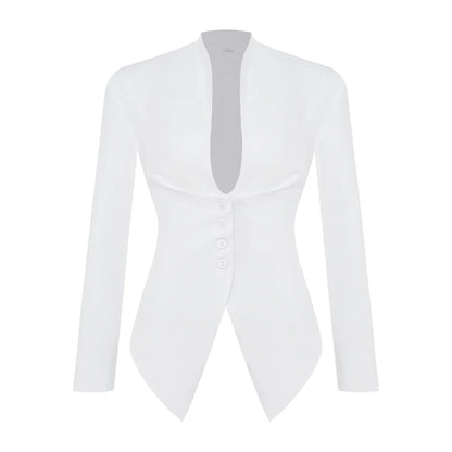 Women Solid Color Blazer V Neck Long Sleeve Padded Shoulders Belted Waist Button Pointed Hem Jacket Coat Office Lady Outerwear