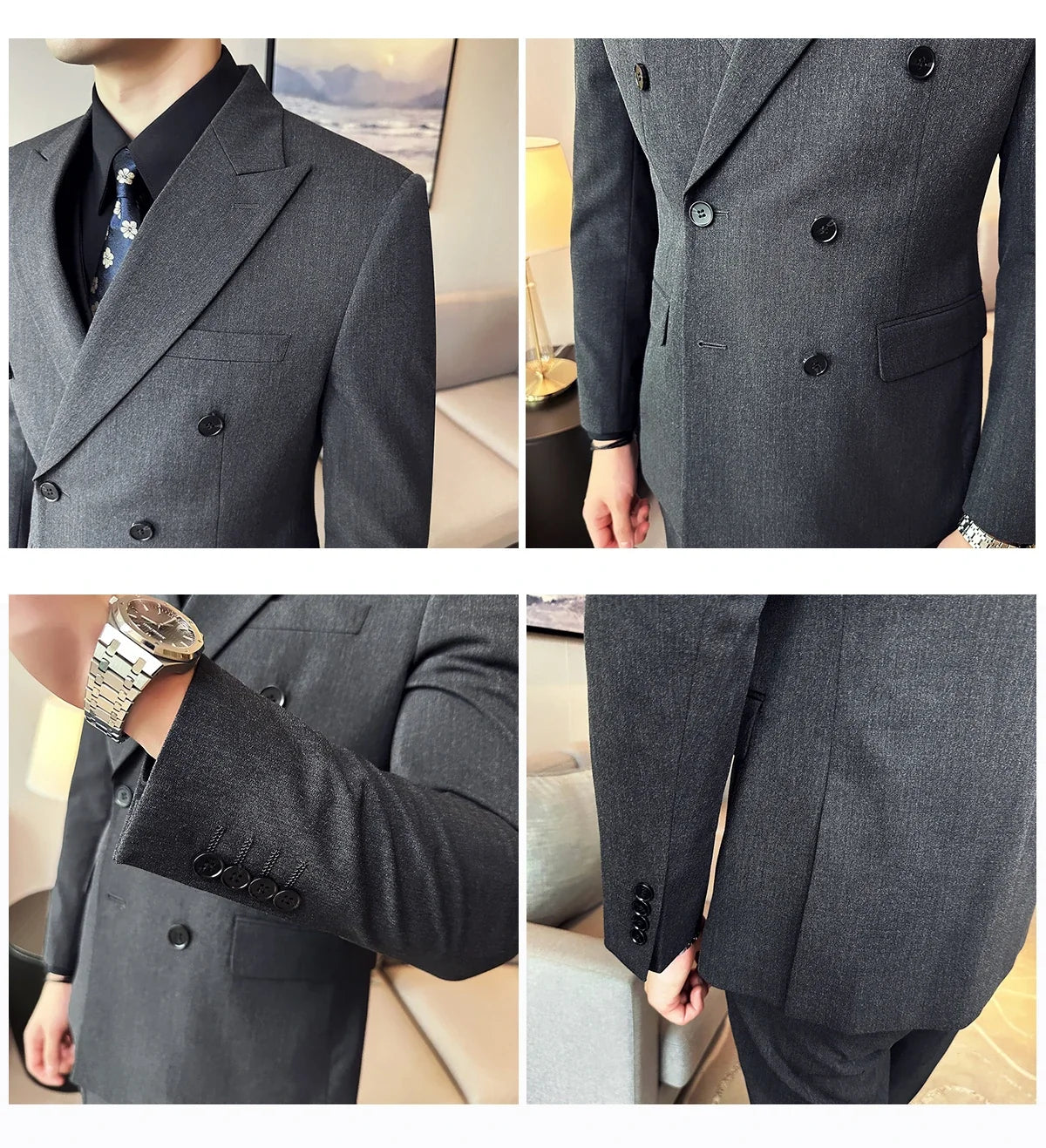 Men's Double Breasted Suit Set – Slim Fit Blazer, Vest & Pants for Wedding & Business