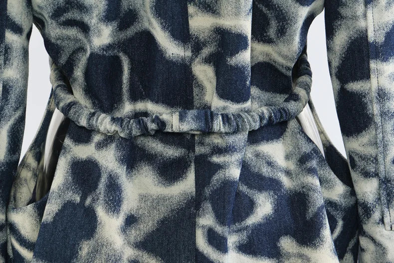 2026 Spring Autumn New Women's Blazer Tie-dye Single Button Pockets Waist Cinching Elegant Coats Retro Denim Jacket HK18495