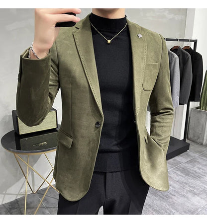2023 Spring Suede Suit Jacket Men Casual Business Slim Fit Blazer Deerskin Leather Jacket Men Wedding Street Wear Social Coat