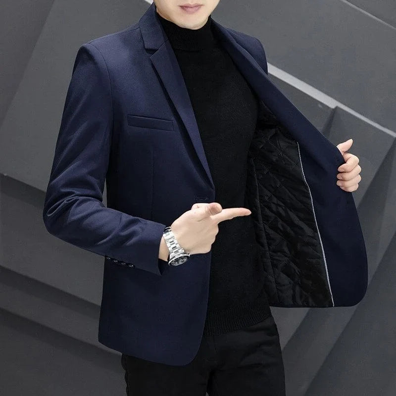 Men's Winter Cotton-Padded Thick Double-Breasted Casual Blazer Korean Style Trendy Solid Color Dark Blue Black Suit Jacket