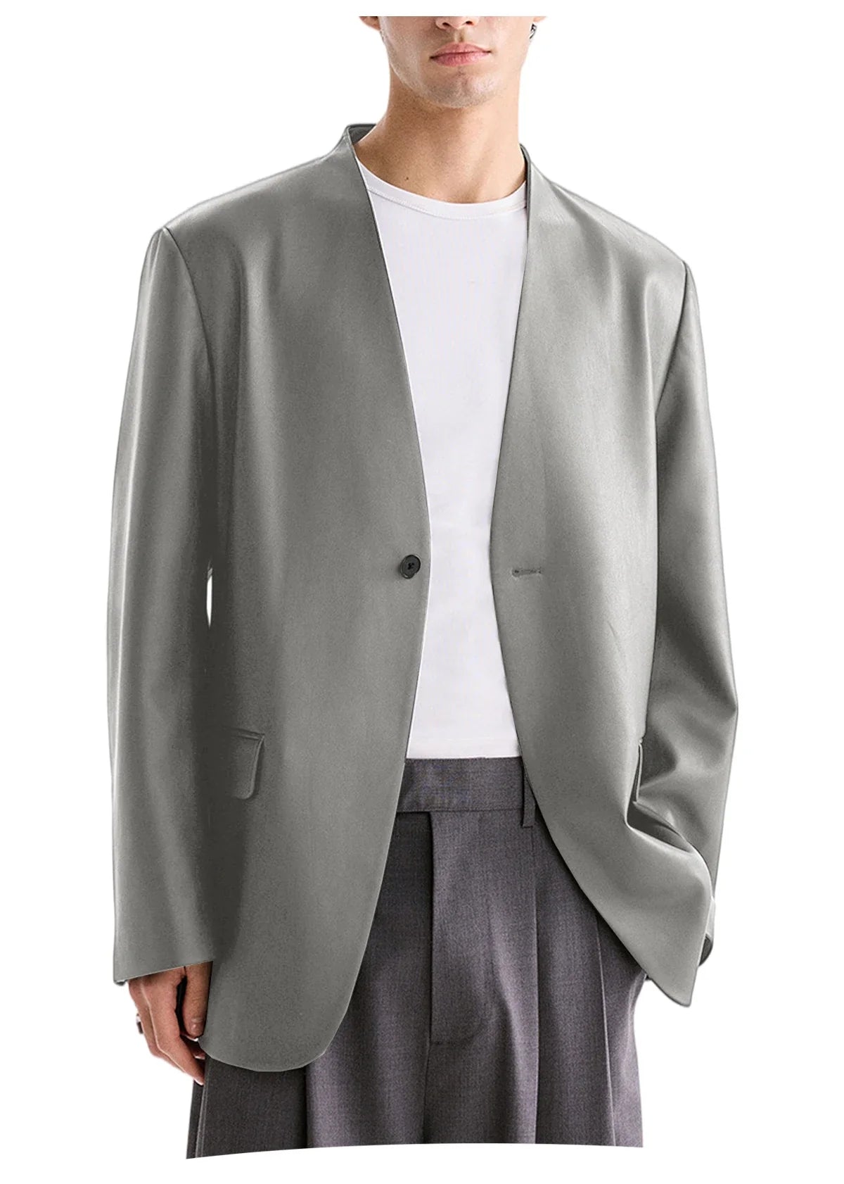 Men's PU Leather Collarless Blazer Single Button Loose Fit Jacket for Wedding Party Office