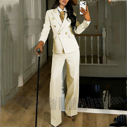 Navy Blue Women's Suit Regular Fitted Customized Peaked Lapel Blazer Professional Outfit(Jacket+Pants) Office Lady Daily Set