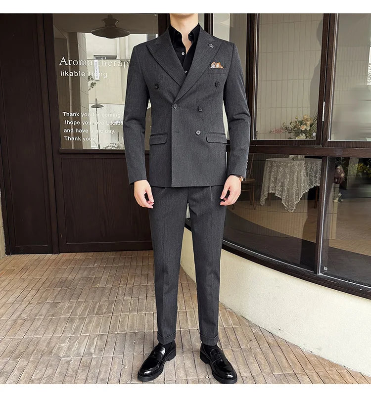 (Blazer + Trousers) Fashion Double Breasted Design Slim Men's Suit Italian Style Luxury Wedding Social Party Tuxedo 2 Piece Set