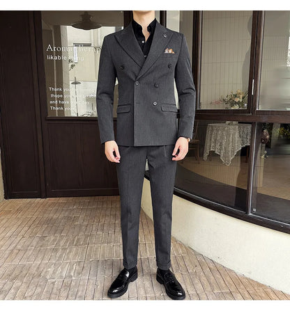 (Blazer + Trousers) Fashion Double Breasted Design Slim Men's Suit Italian Style Luxury Wedding Social Party Tuxedo 2 Piece Set