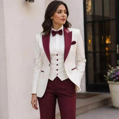White And Burgundy Formal Business Women Suit Wedding Party Prom Mother Girl Tuxedos Costume 3 Piece Set Blazer Vest Pants