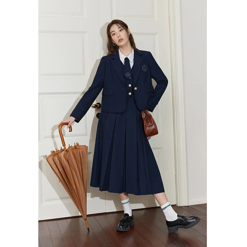 College Style Short Blazer Coat Fashion Two Piece Suit for Women Literary Retro Spring New High Waist Half Pleated Skirt