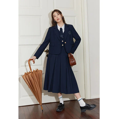 College Style Short Blazer Coat Fashion Two Piece Suit for Women Literary Retro Spring New High Waist Half Pleated Skirt