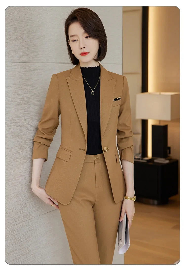 Ladies Blazer And Pant Suit Formal Army Green Khaki Gray Black Solid Women Jacket Trouser Female Business Work Wear 2 Piece Set