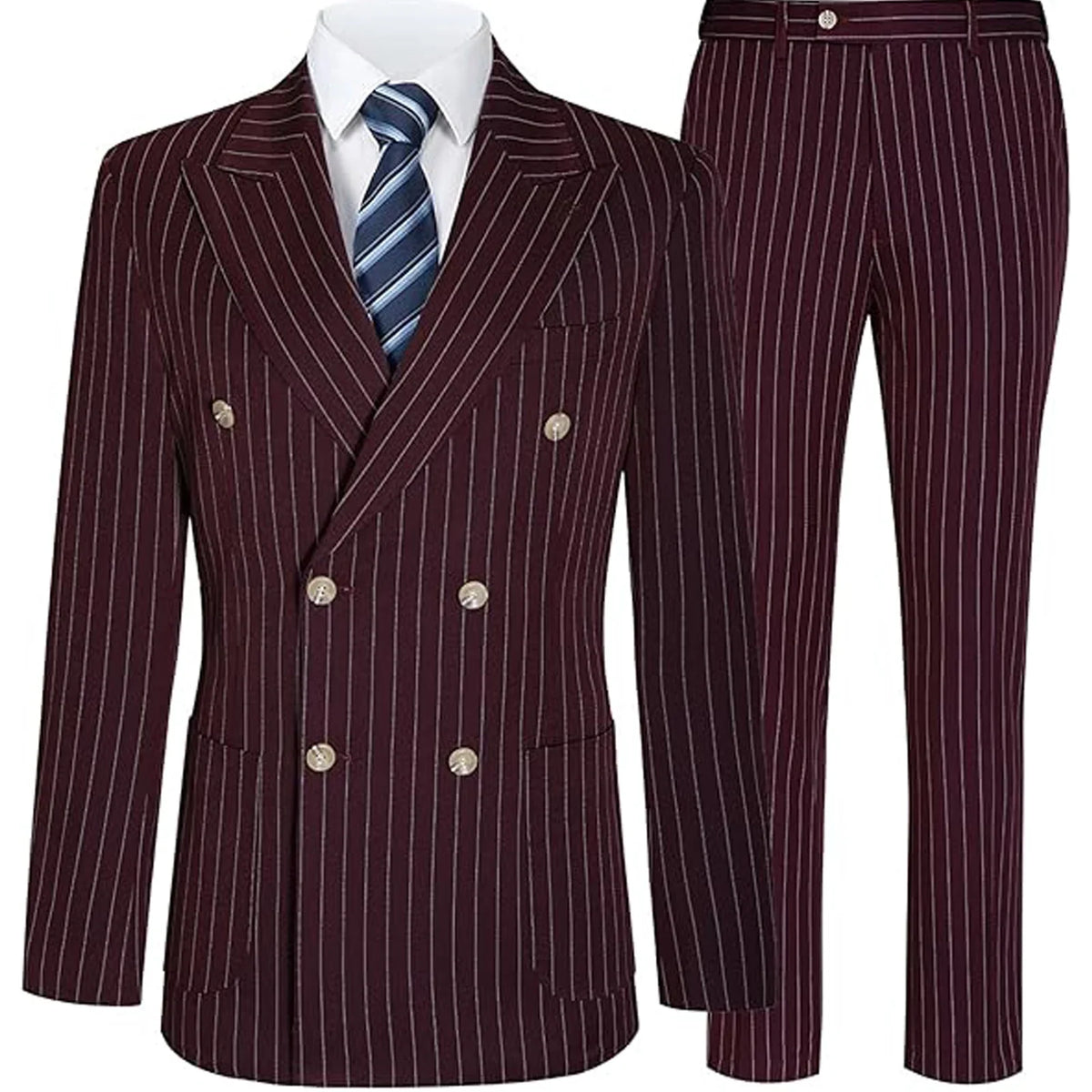 Men's Slim Fit Double Breasted Striped Suit – 2 Piece Blazer and Pants for Weddings and Formal Occasions