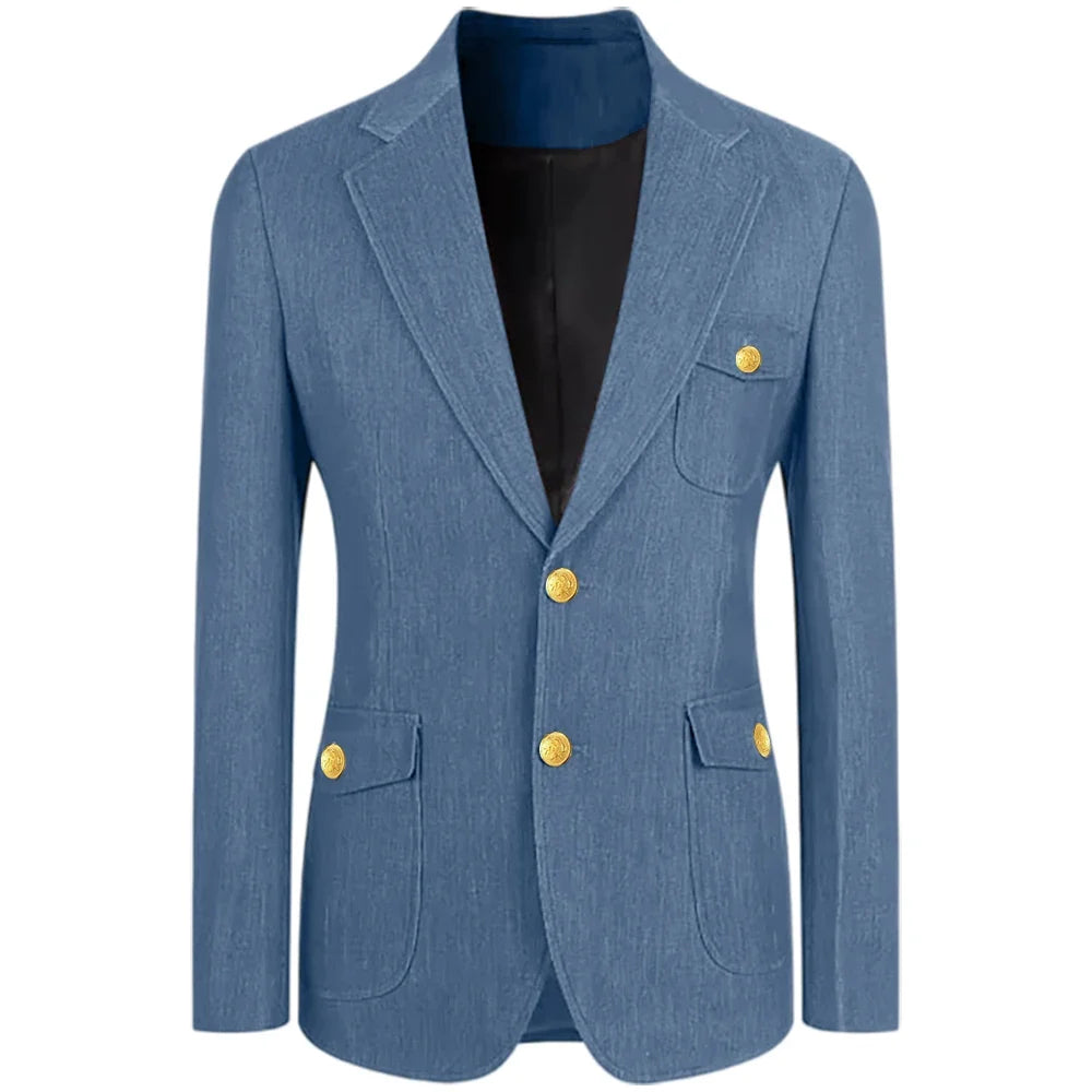 Men's Denim Suit Jacket Classic Notched Lapel Slim Fit Gold Buttons Multiple Pockets Formal Blazer Business Casual Daily Wear