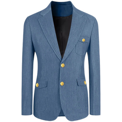 Men's Denim Suit Jacket Classic Notched Lapel Slim Fit Gold Buttons Multiple Pockets Formal Blazer Business Casual Daily Wear