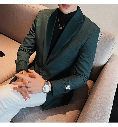 Men's Slim Fit Blazer Metal Buckle Decoration Smart Casual Wedding Party Jacket