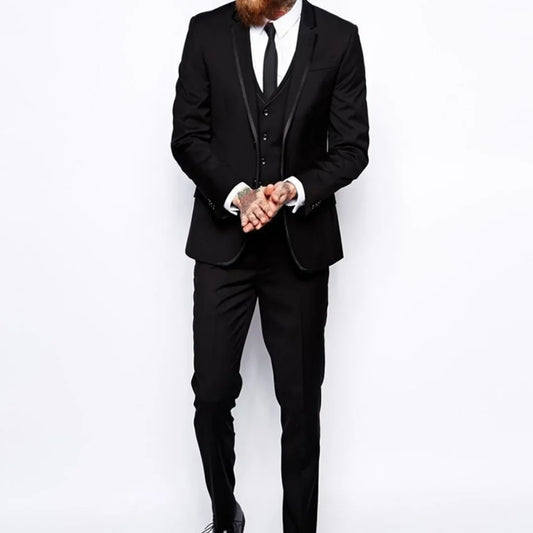 Black Mens Suit 3 Pieces Formal Business Slim Fit Blazer Notch Lapel Groomsmen For Wedding Suit 2020 New (Blazer+Vest+Pants)