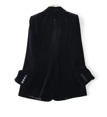 Silk Velvet Long Sleeve Suit Jacket Women's Business Wear Slim Fit Mid-Length Luxury Glossy Black Swan Velvet Outerwear