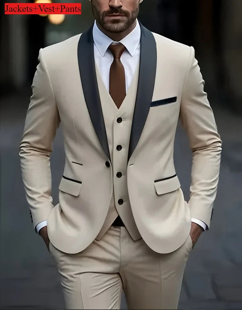 Ensemble de costume habillé pour homme, coupe ajustée, décontracté pour affaires, smoking de mariage, manches longues, revers crantés, marié