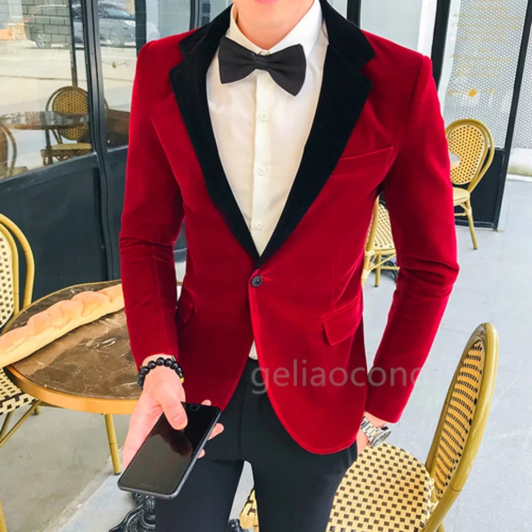 New Fashion Red/Black Velvet Jacket for Men Single Breasted Notch Lapel Slim Fit Suit Blazer for Prom Wedding Business One Coat