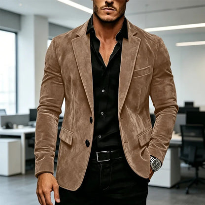 Luxury Men's Suede Texture Blazer Notched Lapel Slim Fit 2 Button Sport Coat Business Casual Formal Wedding Party Suit Jacket