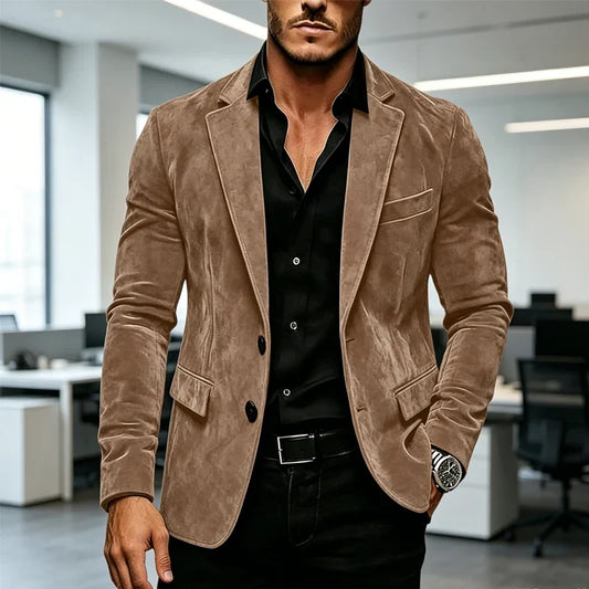 Luxury Men's Suede Texture Blazer Notched Lapel Slim Fit 2 Button Sport Coat Business Casual Formal Wedding Party Suit Jacket