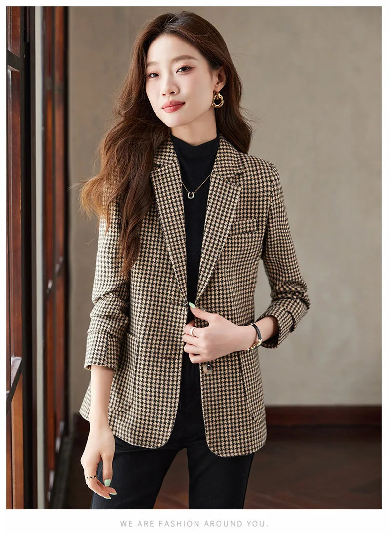 Women Office Ladies Single Breasted Slim Blazer Coat Autumn Winter Fashion Plaid Temperament Long Sleeved Elegant Tops Vacation