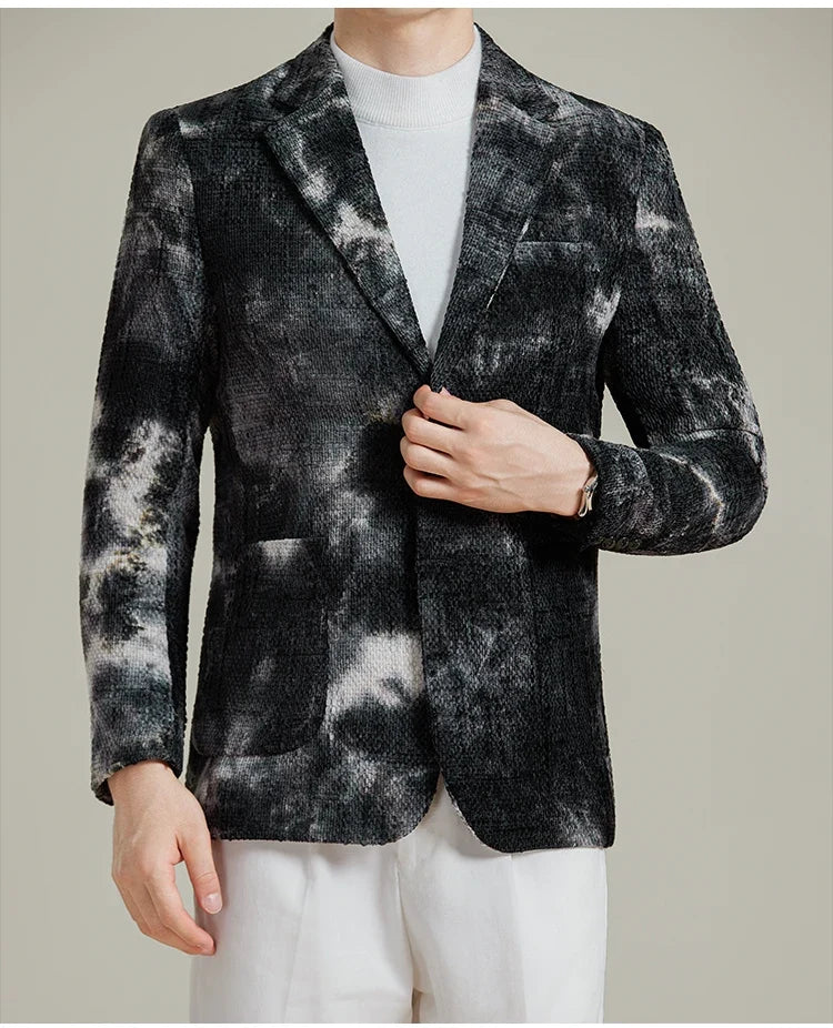 Autumn Korean Slim Fit Suit Jacket for Men Tie Dye Chenille Fashion Casual Suit Jacket Warm Business Social Formal Men Blazers