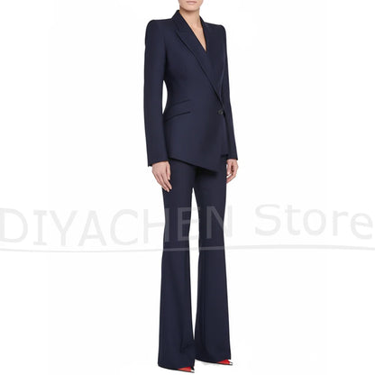 Women's Navy Blue Suit Formal Business Casual Slim Outfit Fashion Peak Lapel One Button Party Wedding Pants Sets Two Piece
