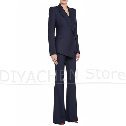 Women's Navy Blue Suit Formal Business Casual Slim Outfit Fashion Peak Lapel One Button Party Wedding Pants Sets Two Piece