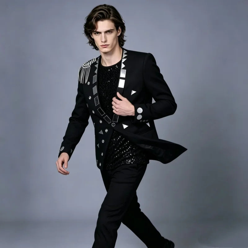 Men's Fashion Silver Black Rivet Sequined Slim Fit Jacket Punk Style Stage Performance Coat Bar Singer Host Nightclub Stage Wear