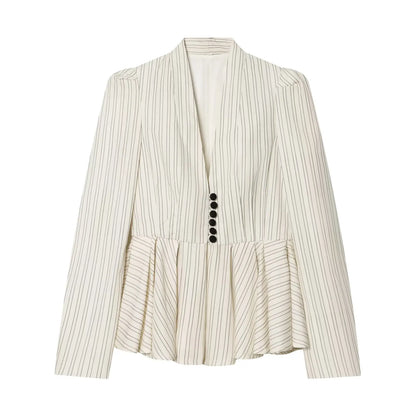 Women Fashion Striped Pleated Single Breasted Blazer Vintage V-Neck Long Sleeves Female Chic Lady Outfits