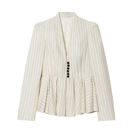 Women Fashion Striped Pleated Single Breasted Blazer Vintage V-Neck Long Sleeves Female Chic Lady Outfits