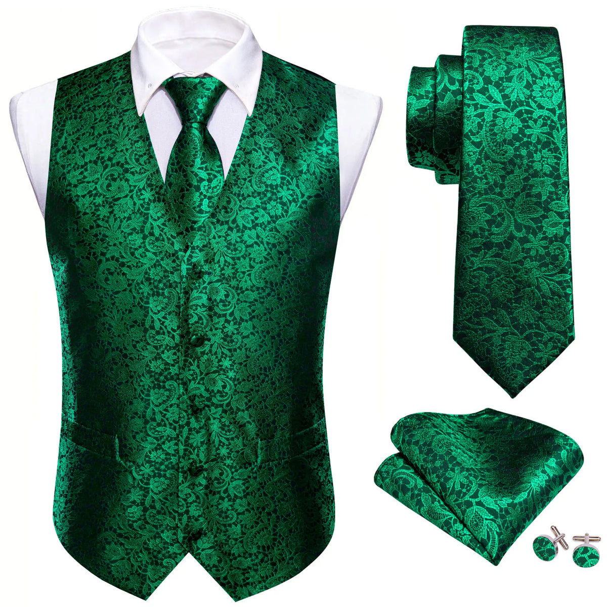 Men's Vest Embroidered Paisley Floral Waistcoat for Formal and Casual Wear — Green, Blue, Silver, Gray, Gold, Pink