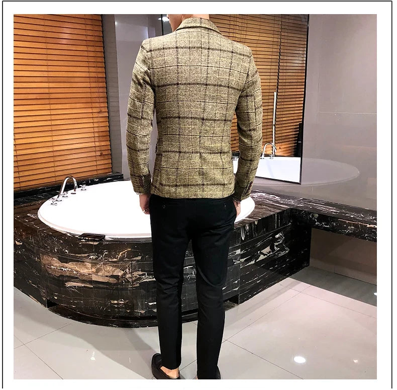 2025 New Men's Casual Plaid Suit Jacket Male Linen Plaid Business Self-cultivation Wedding Dress Party Suit Coat Plus Size S-5XL