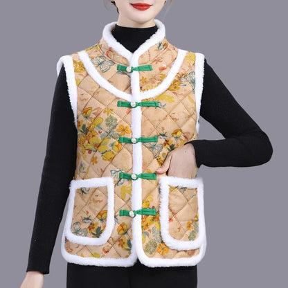 Middle-aged Mother Add Velvet Warm Vest Coat Autumn Winter New Printed Fleece Sleeveless Jacket Grandma Thicken Warm Waistcoat