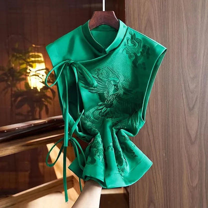 2026 Spring Summer Vintage Embroidery Green Lace Chinese Vest Jacket Chinese Style Waistcoats Outerwear Female Sleeveless Jacket