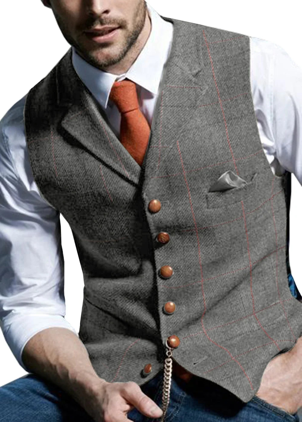 Men's Vest Herringbone Tweed Single Breasted Waistcoat for Business and Wedding