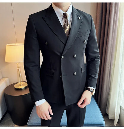Men's Double Breasted Slim Fit Suit Set – Wedding & Smart Casual – Navy Blue, Brown, Black