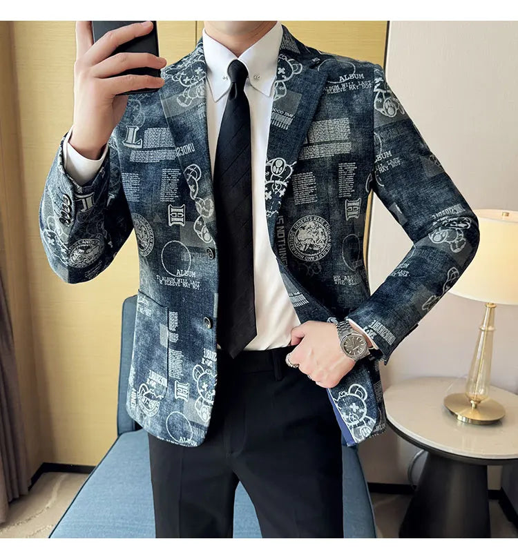 2024 Autumn Winter Jacquard Denim Suit Jacket for Men Fashion Business Casual Blazers Streetwear Social Men Clothing